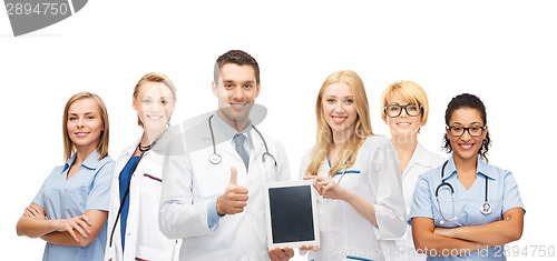 Image of team or group of doctors with tablet pc computer