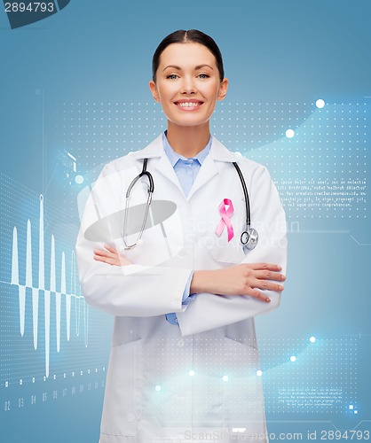 Image of doctor with stethoscope, cancer awareness ribbon