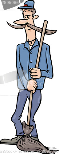 Image of janitor man with broom cartoon illustration