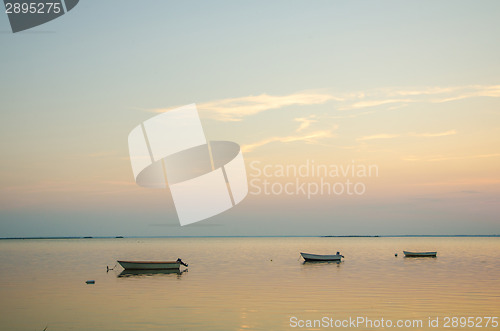 Image of Anchored rowing boats at twilight