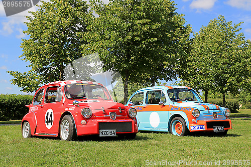 Image of Two Fiat Abarth Racing Cars in a Park