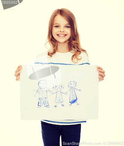 Image of smiling little child holding picture of family
