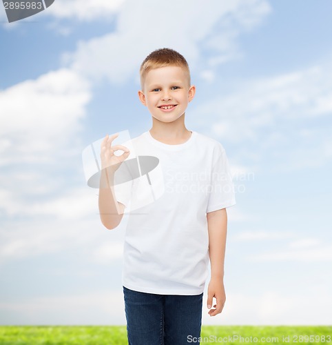 Image of smiling little boy in white blank t-shirt
