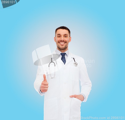 Image of smiling doctor with stethoscope showing thumbs up