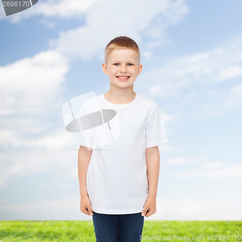 Image of smiling little boy in white blank t-shirt