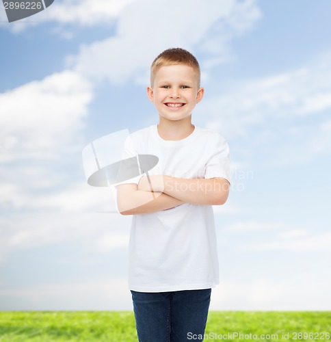 Image of smiling little boy in white blank t-shirt