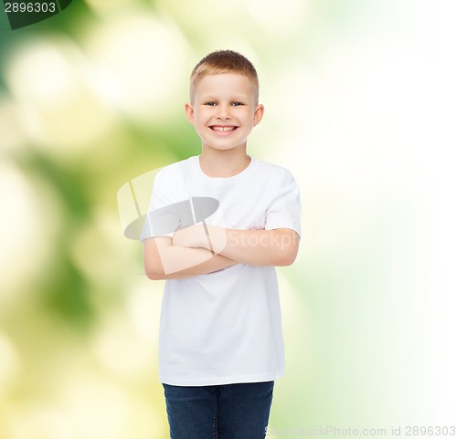 Image of smiling little boy in white blank t-shirt