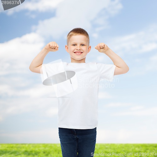 Image of smiling little boy in white blank t-shirt