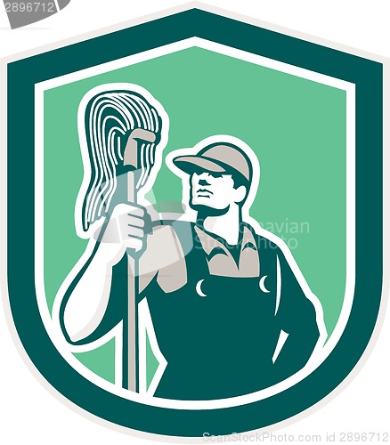 Image of Janitor Cleaner Holding Mop Shield Retro