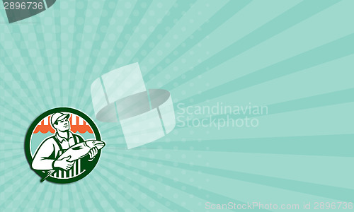 Image of Business card Fishmonger Holding Fish Circle Retro