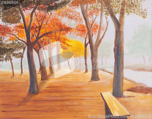 Image of Painting showing beautiful sunny autumn day in a park
