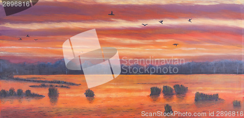 Image of Painting of a sunset over marshland