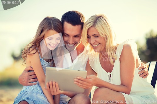 Image of happy family with tablet pc taking picture