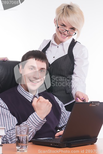 Image of Businessman with colleague work with laptop