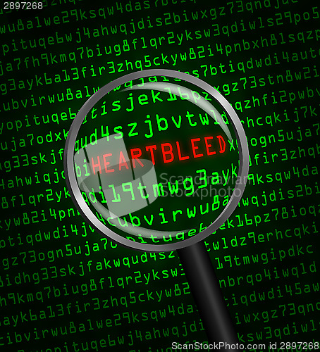 Image of Heartbleed revealed in computer code through a magnifying glass 