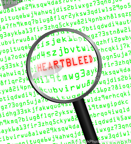 Image of Heartbleed revealed in computer code through a magnifying glass 