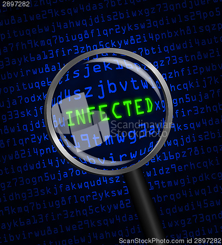 Image of "INFECTED" revealed in computer code through a magnifying glass 