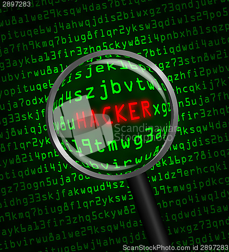 Image of "HACKER" revealed in computer code through a magnifying glass 