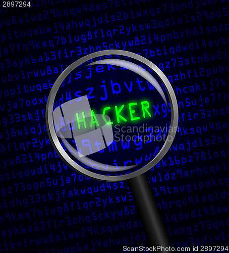 Image of "HACKER" revealed in computer code through a magnifying glass