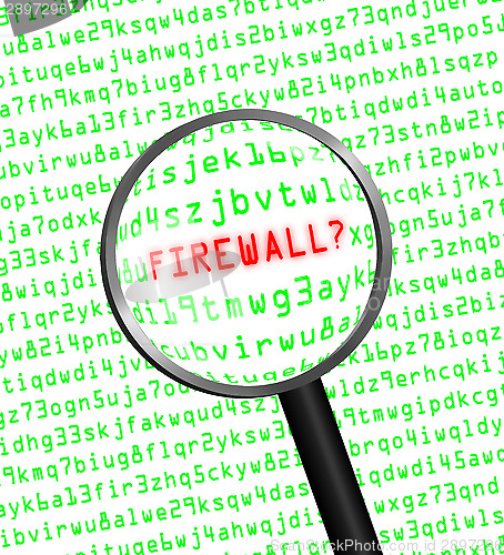 Image of "FIREWALL?" revealed in computer code through a magnifying glass