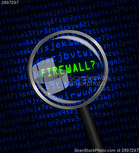 Image of "FIREWALL?" revealed in computer code through a magnifying glass