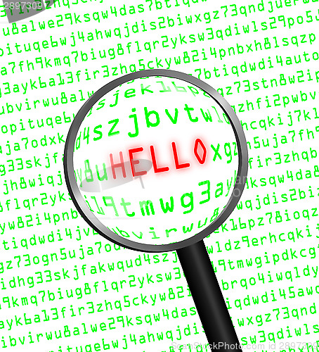 Image of "HELLO" revealed in computer code through a magnifying glass