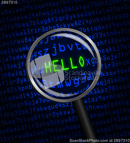 Image of "HELLO" revealed in computer code through a magnifying glass 