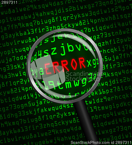 Image of "ERROR" revealed in computer code through a magnifying glass 