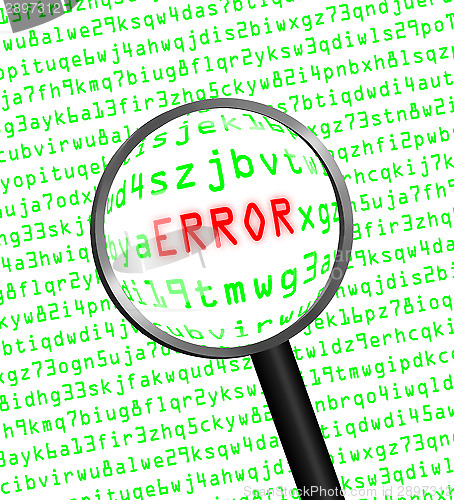 Image of "ERROR" revealed in computer code through a magnifying glass