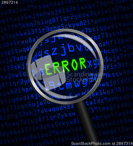 Image of "ERROR" revealed in computer code through a magnifying glass