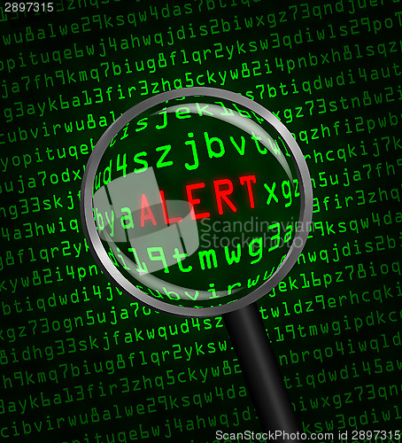 Image of "ALERT" revealed in computer code through a magnifying glass 