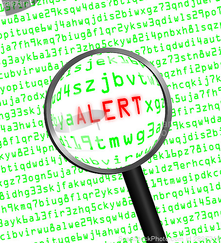 Image of "ALERT" revealed in computer code through a magnifying glass