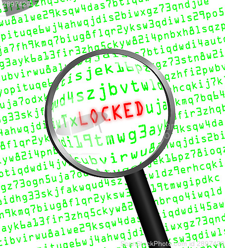 Image of "LOCKED" revealed in computer code through a magnifying glass 