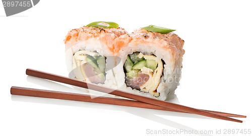 Image of Two sushi with chopsticks