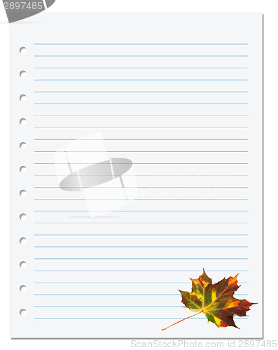 Image of Notebook paper with autumn maple leaf on white