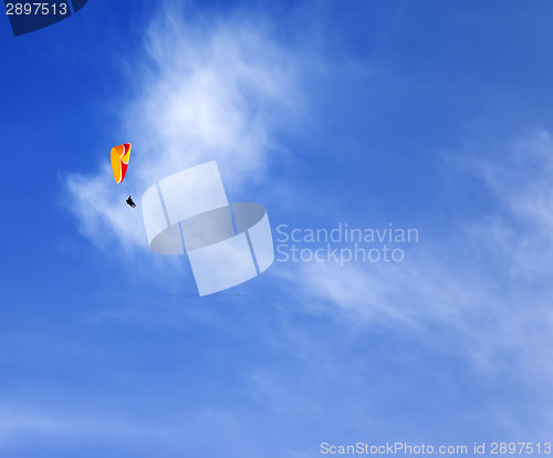 Image of Skydivers in blue sky at sun day