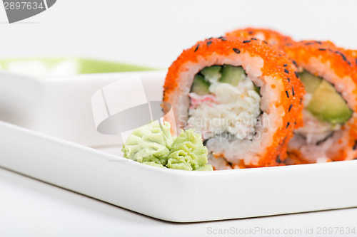 Image of Sushi. Shallow depth of field. Focus on the wasabi