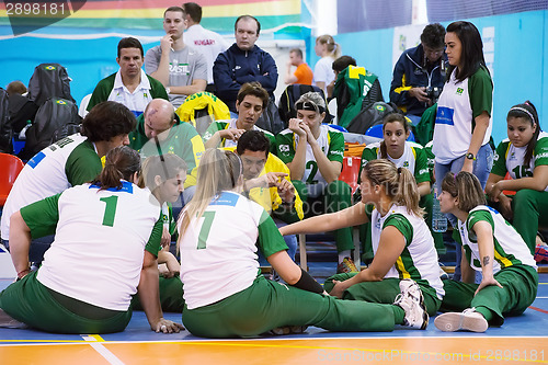Image of RUSSIA, MOSCOW - MAY 11: Unidentified sportsmen of Brazil team on timeout on International Sitting volleyball tournament game Ukraine vs Brazil on May 11, 2014, in Moscow, Stadium Izmailovo, Russia