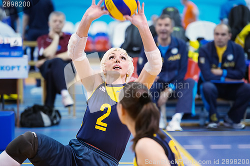 Image of RUSSIA, MOSCOW - MAY 11: Angela Churkina (2) atack on International Sitting volleyball tournament game Ukraine vs Brazil on May 11, 2014, in Moscow, stadium CSP Izmailovo, Russia