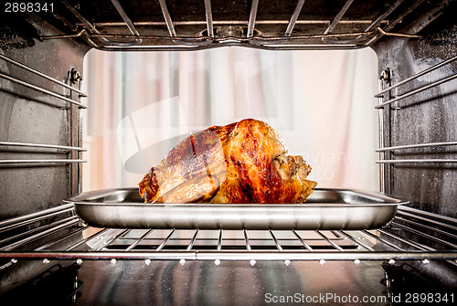 Image of Roast chicken in the oven.