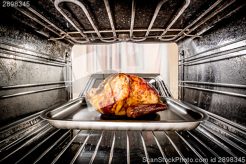 Image of Roast chicken in the oven.