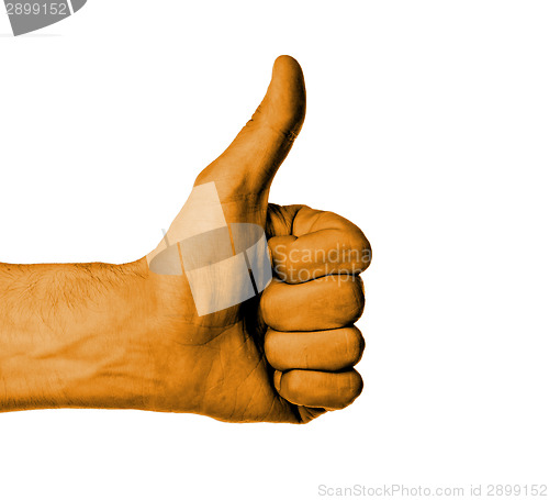 Image of Closeup of male hand showing thumbs up sign