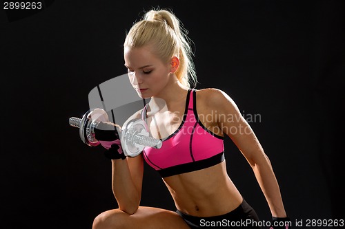 Image of young sporty woman with heavy steel dumbbell