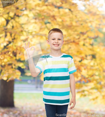 Image of little boy in casual clothes making OK gesture