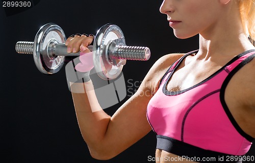 Image of close up of sporty woman with heavy steel dumbbell