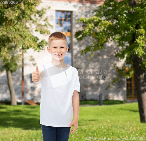 Image of smiling little boy in white blank t-shirt