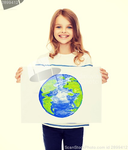 Image of smiling little child holding picture of planet