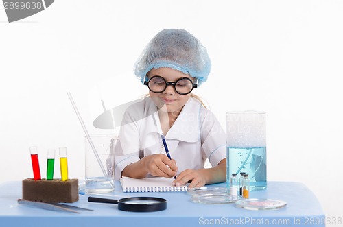 Image of Chemist writing in a notebook the experimental results