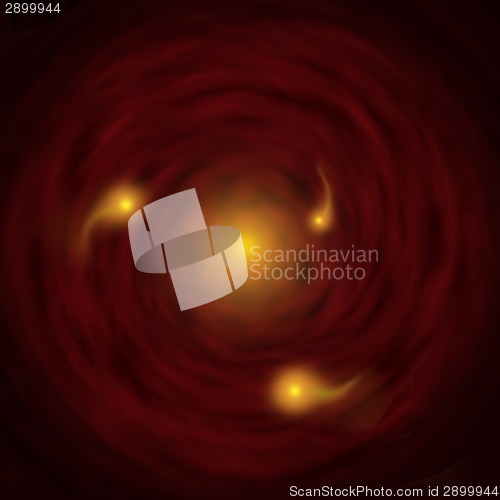 Image of Yellow photons traveling through a red wormhole-like vortex.