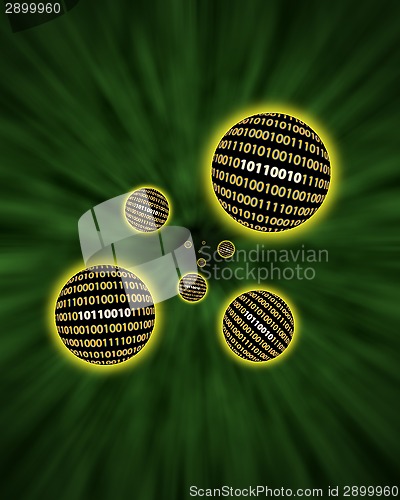 Image of Binary data orbs floating through a vortex